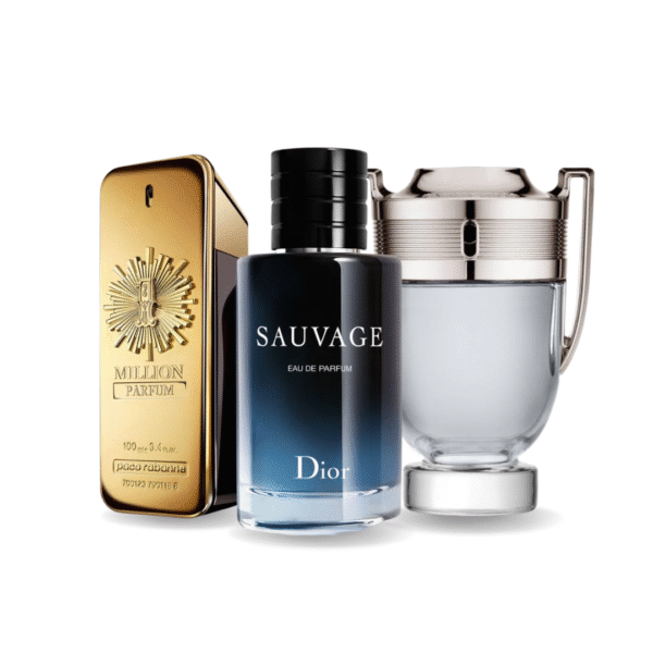 Bundle of 3 Fragrances: Paco Rabanne ONE MILLION, Dior SAUVAGE, and Paco Rabanne INVICTUS – 100ml each