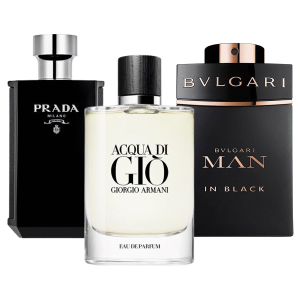 Set mit 3 Düften: Bvlgari In Black, Giorgio Armani Acqua Di Giò und L’Homme Prada Intense – je 100 ml